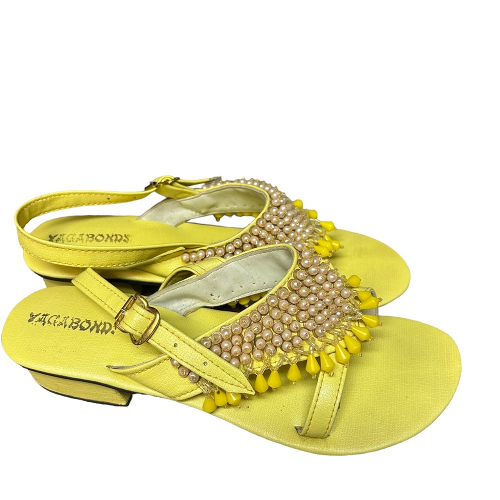 Vintage 1960s 1970s Vagabonds Pearl Beaded Satin Ball Sandal Heel Shoes Yellow 6 - Picture 5 of 6